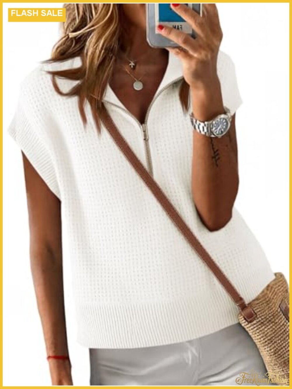 Womens Cropped Knit Sweater Vest Half Zip Cap Sleeve Lightweight Oversized